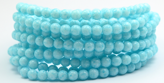 Round Pressed Glass Beads Druck, White Light Aqua Blue (6-02010-34308), Glass, Czech Republic ~ STRANDED