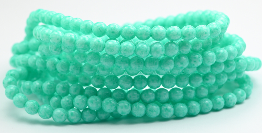 Round Pressed Glass Beads Druck, White Light Turquoise (6-02010-34309), Glass, Czech Republic ~ STRANDED