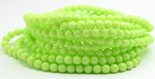 Round Pressed Glass Beads Druck, White Light Green (6-02010-34310), Glass, Czech Republic ~ STRANDED