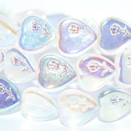 Heart Pressed Glass Beads With Flower, Crystal Ab 2X Side (1716-00030-AB-2X-SIDE), Glass, Czech Republic ~ STRANDED