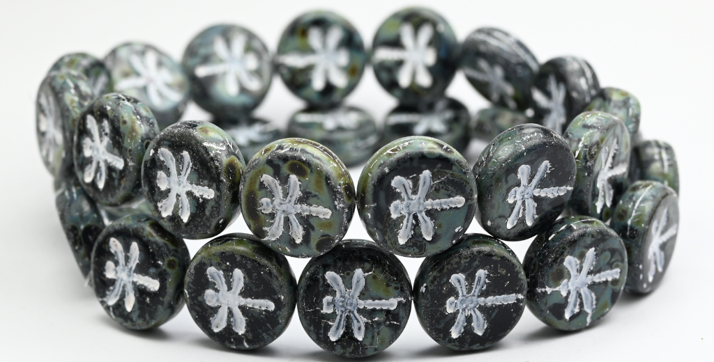 Round Flat Wit Dragonfly Pressed Glass Beads, Black Travertin White Lined (17-23980-86-46401), Glass, Czech Republic ~ STRANDED