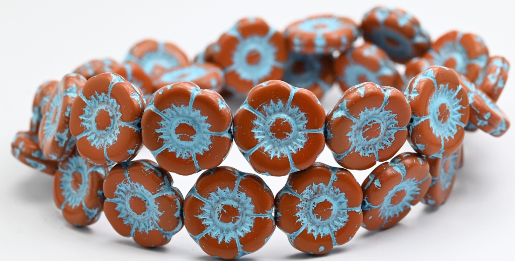 Round Flat Flower Pressed Glass Beads, Opaque Brown Light Blue Lined (13600-54308), Glass, Czech Republic ~ STRANDED