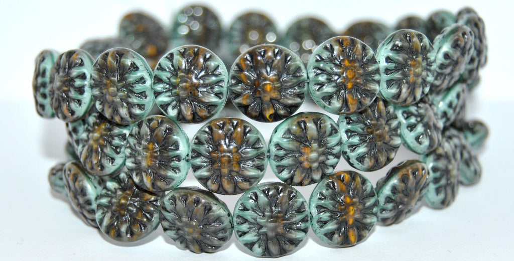 Round Flower Edelweiss Pressed Glass Beads, Mix Gray Mint 43815 (15-475149125-43815), Glass, Czech Republic ~ STRANDED