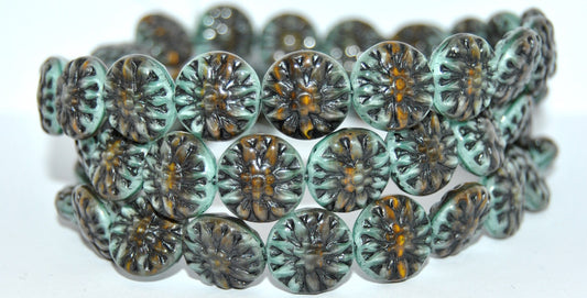 Round Flower Edelweiss Pressed Glass Beads, Mix Gray Mint 43815 (15-475149125-43815), Glass, Czech Republic ~ STRANDED