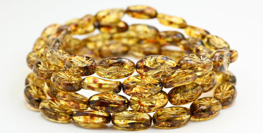 Oval With Rays Pressed Glass Beads, Crystal Travertin (00030-86800), Glass, Czech Republic ~ STRANDED