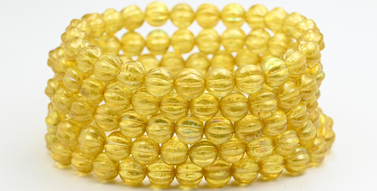 Melon Round Pressed Glass Beads With Stripes, Crystal Light Yellow Ab (8-00030-34302-AB), Glass, Czech Republic ~ STRANDED