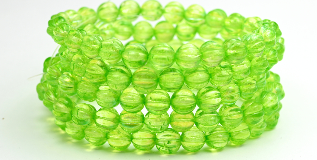 Melon Round Pressed Glass Beads With Stripes, Crystal Light Green Ab (8-00030-34310-AB), Glass, Czech Republic ~ STRANDED
