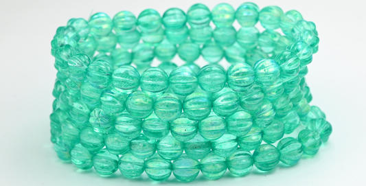 Melon Round Pressed Glass Beads With Stripes, Crystal Light Turquoise Ab (8-00030-34309-AB), Glass, Czech Republic ~ STRANDED