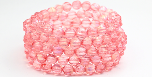 Melon Round Pressed Glass Beads With Stripes, Crystal Light Pink Ab (8-00030-34304-AB), Glass, Czech Republic ~ STRANDED