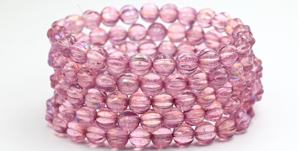 Melon Round Pressed Glass Beads With Stripes, Crystal Light Fuchsia Pink Ab (8-00030-34306-AB), Glass, Czech Republic ~ STRANDED