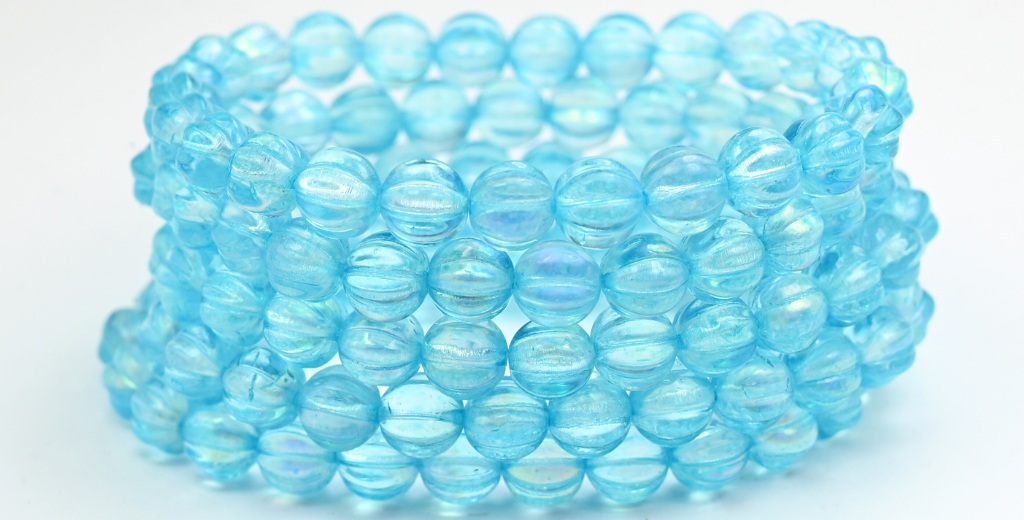 Melon Round Pressed Glass Beads With Stripes, Crystal Light Aqua Blue Ab (8-00030-34308-AB), Glass, Czech Republic ~ STRANDED