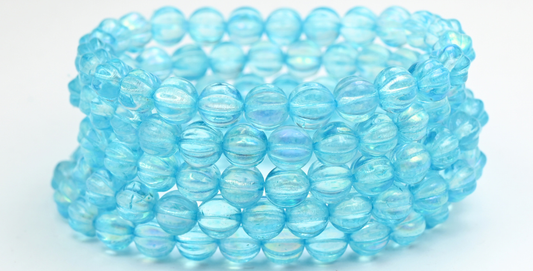 Melon Round Pressed Glass Beads With Stripes, Crystal Light Aqua Blue Ab (8-00030-34308-AB), Glass, Czech Republic ~ STRANDED