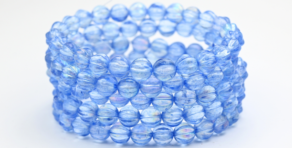 Melon Round Pressed Glass Beads With Stripes, Crystal Light Blue Ab (8-00030-34307-AB), Glass, Czech Republic ~ STRANDED