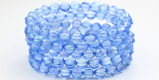 Melon Round Pressed Glass Beads With Stripes, Crystal Light Blue Ab (8-00030-34307-AB), Glass, Czech Republic ~ STRANDED