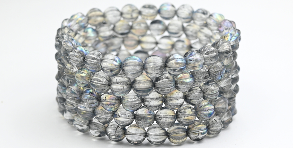 Melon Round Pressed Glass Beads With Stripes, Crystal Light Gray Ab (8-00030-34311-AB), Glass, Czech Republic ~ STRANDED