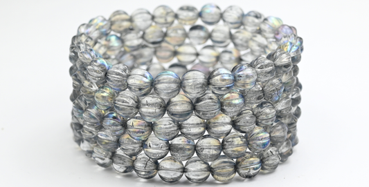 Melon Round Pressed Glass Beads With Stripes, Crystal Light Gray Ab (8-00030-34311-AB), Glass, Czech Republic ~ STRANDED