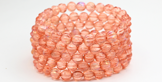 Melon Round Pressed Glass Beads With Stripes, Crystal Light Pink Peach Ab (8-00030-34305-AB), Glass, Czech Republic ~ STRANDED
