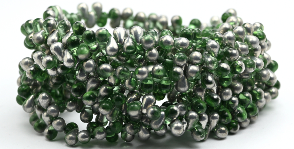 Pear Teardrop Pressed Glass Beads, Transparent Green Crystal Silver Half Coating (46-50500-27001), Glass, Czech Republic ~ STRANDED