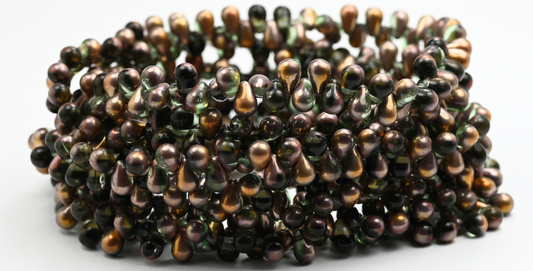 Pear Teardrop Pressed Glass Beads, Transparent Green Rose Gold Capri (46-50500-27101), Glass, Czech Republic ~ STRANDED
