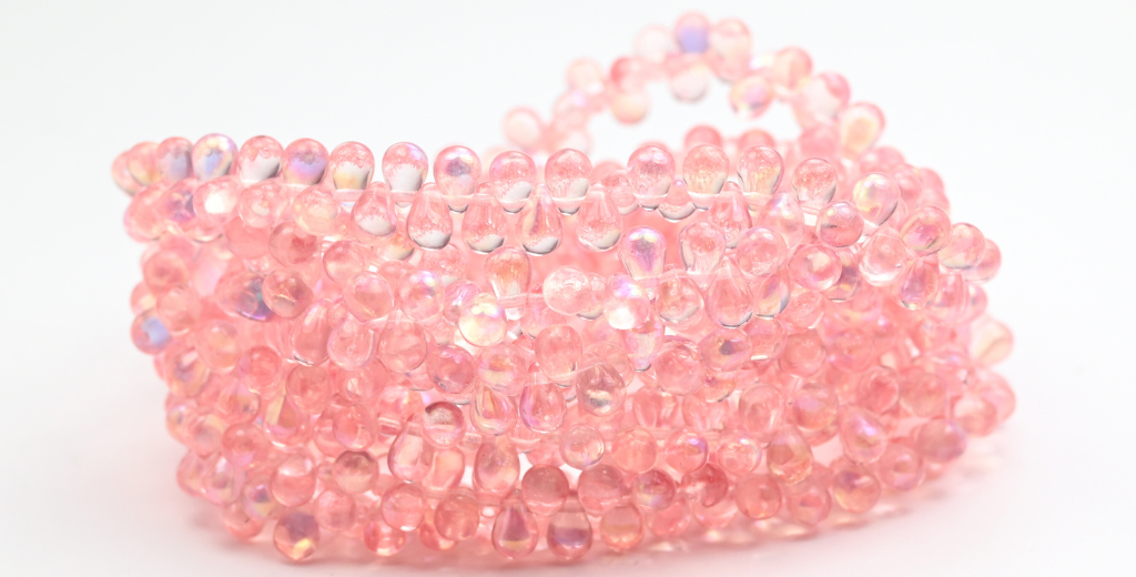 Pear Teardrop Pressed Glass Beads, Crystal Light Pink Ab (46-00030-34304-AB), Glass, Czech Republic ~ STRANDED
