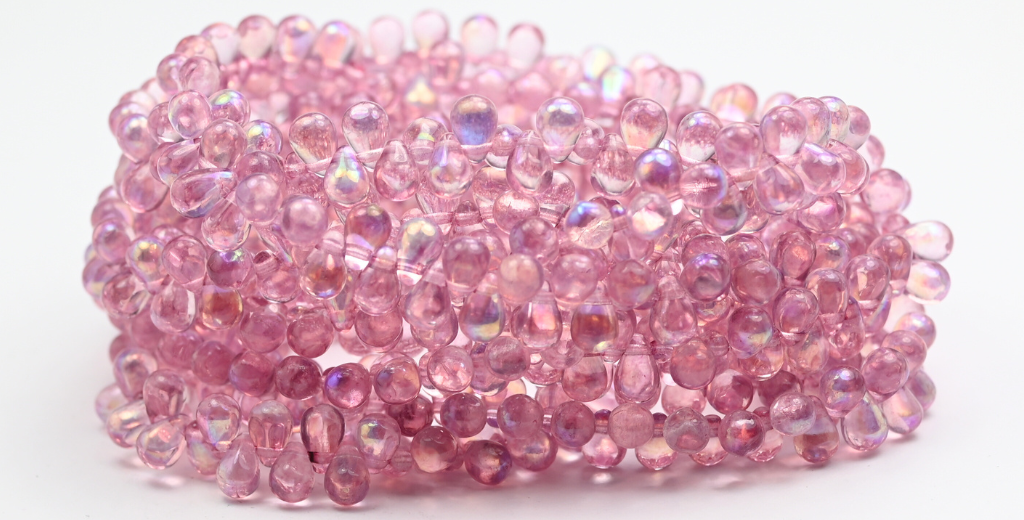 Pear Teardrop Pressed Glass Beads, Crystal Light Fuchsia Pink Ab (46-00030-34306-AB), Glass, Czech Republic ~ STRANDED