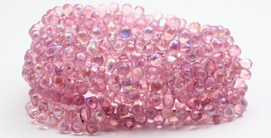 Pear Teardrop Pressed Glass Beads, Crystal Light Fuchsia Pink Ab (46-00030-34306-AB), Glass, Czech Republic ~ STRANDED