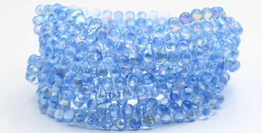 Pear Teardrop Pressed Glass Beads, Crystal Light Blue Ab (46-00030-34307-AB), Glass, Czech Republic ~ STRANDED