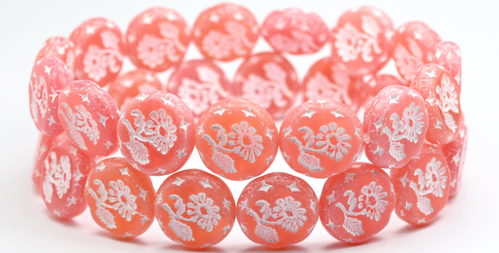 Round Flat With Flower Marguerite Pressed Glass Beads, Opal Pink White Lined (71010C-46401), Glass, Czech Republic ~ STRANDED