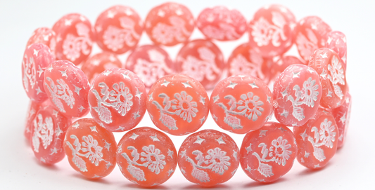 Round Flat With Flower Marguerite Pressed Glass Beads, Opal Pink White Lined (71010C-46401), Glass, Czech Republic ~ STRANDED