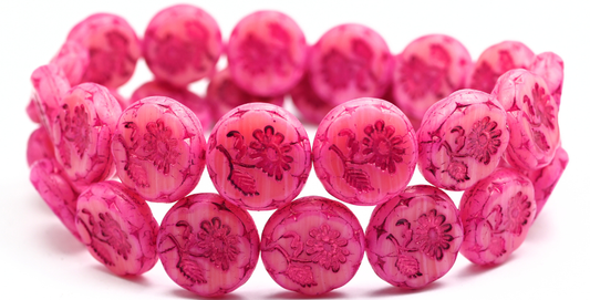 Round Flat With Flower Marguerite Pressed Glass Beads, Pink Line 54570 (PINK-LINE-54570), Glass, Czech Republic ~ STRANDED