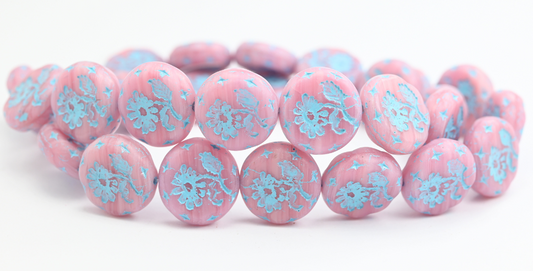 Round Flat With Flower Marguerite Pressed Glass Beads, Pink Line Light Blue Lined (PINK-LINE-54308), Glass, Czech Republic ~ STRANDED