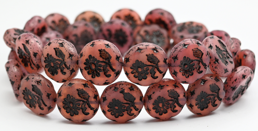 Round Flat With Flower Marguerite Pressed Glass Beads, Opal Pink Black Lined (71010B-46769), Glass, Czech Republic ~ STRANDED