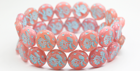 Round Flat With Flower Marguerite Pressed Glass Beads, Opal Pink Light Blue Lined (71010-54308), Glass, Czech Republic ~ STRANDED