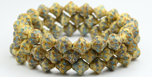 Lantern Pressed Glass Beads, White Travertin Light Blue Lined (02010-86800-54308), Glass, Czech Republic ~ STRANDED