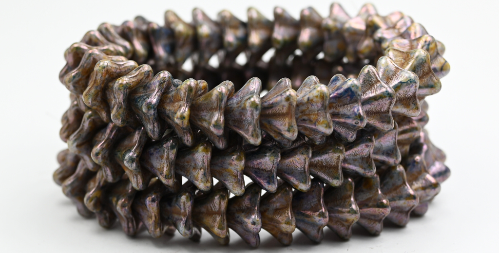 Bell Flower Pressed Glass Beads, White Senegal Blue (02010-15664), Glass, Czech Republic ~ STRANDED