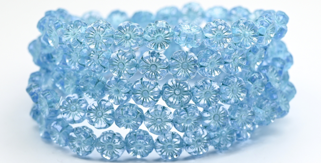 Hawaii Flower Pressed Glass Beads, Transparent Blue Blue Lined (30010-54323), Glass, Czech Republic ~ STRANDED