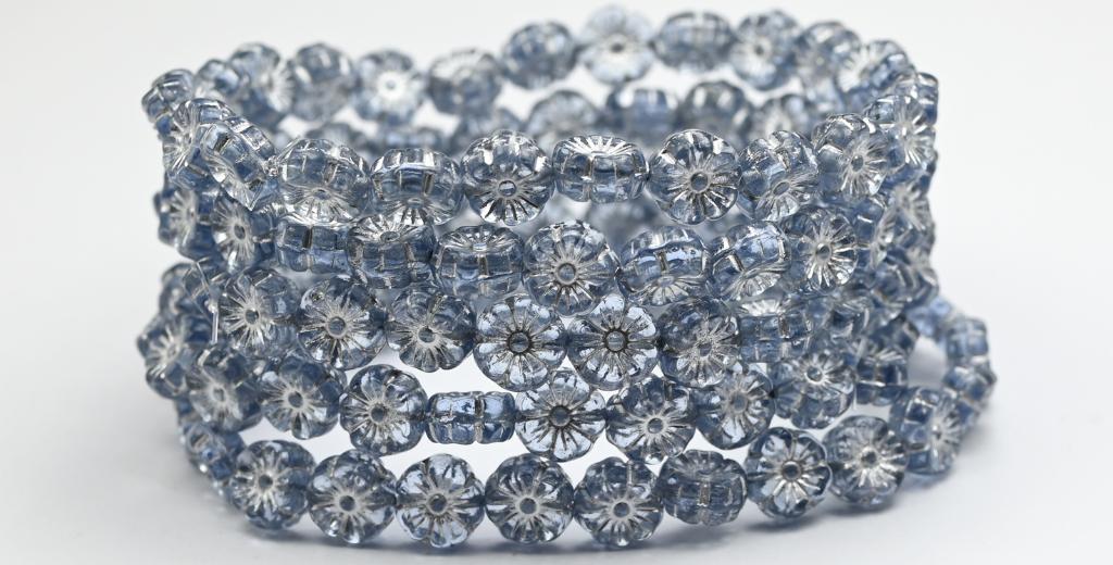 Hawaii Flower Pressed Glass Beads, Transparent Blue Silver Lined (30010-54201), Glass, Czech Republic ~ STRANDED