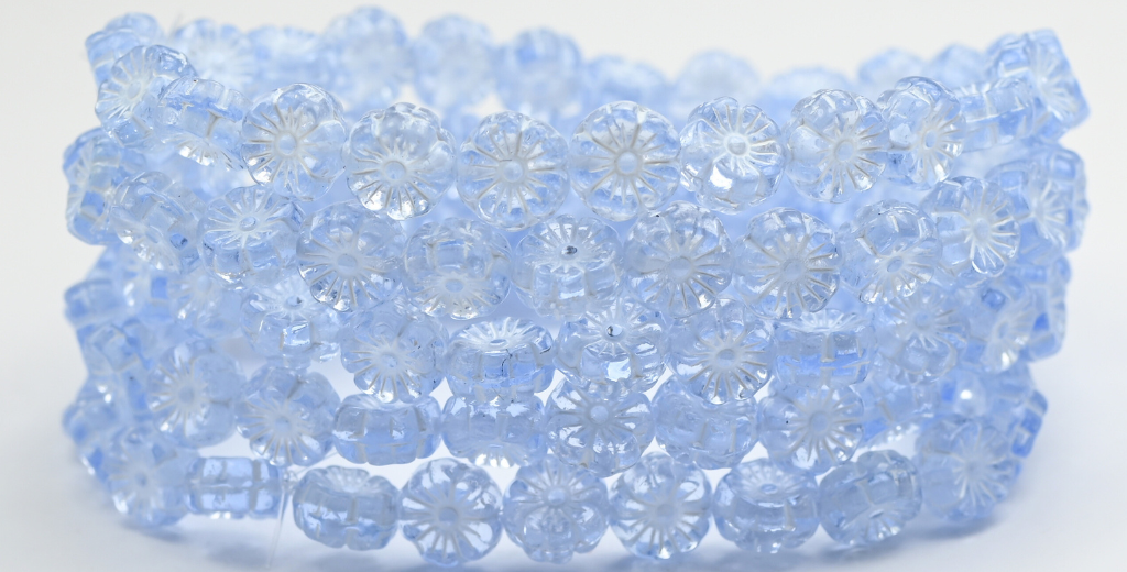 Hawaii Flower Pressed Glass Beads, Transparent Blue White Lined (30010-46401), Glass, Czech Republic ~ STRANDED