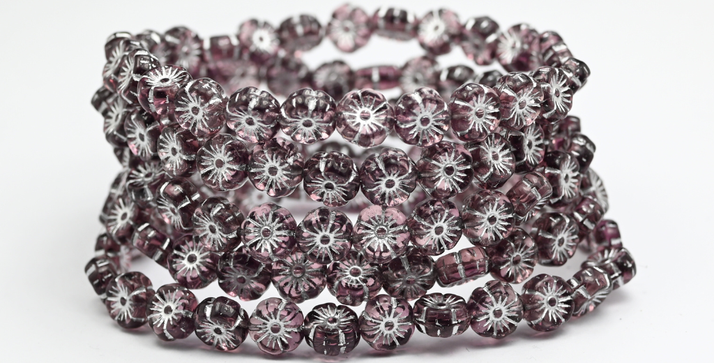Hawaii Flower Pressed Glass Beads, Transparent Light Amethyst Silver Lined (2002004-54201), Glass, Czech Republic ~ STRANDED