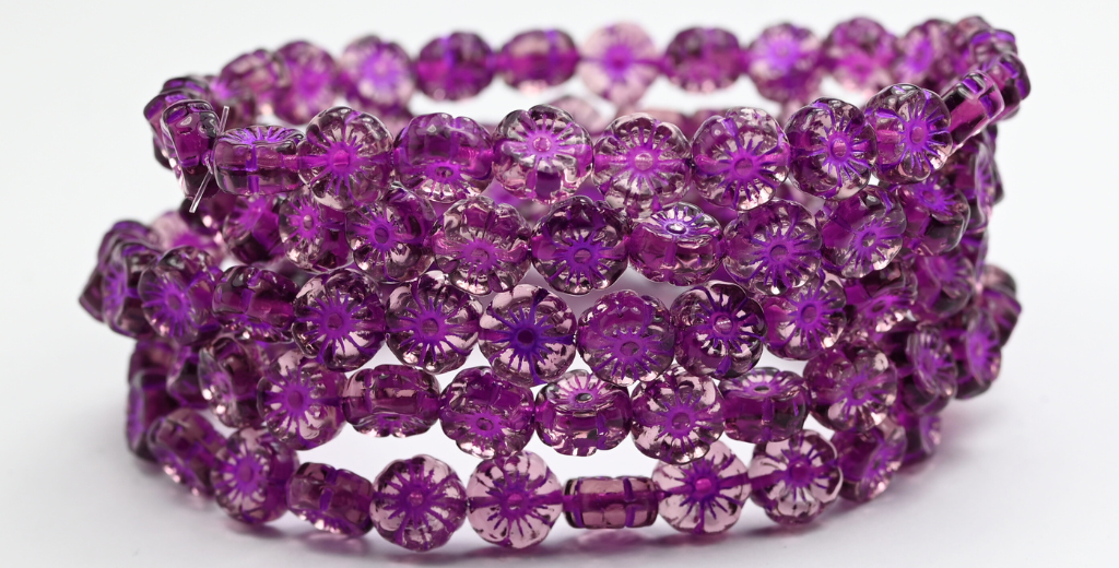 Hawaii Flower Pressed Glass Beads, Transparent Light Amethyst Purple Lined (2002004-46420), Glass, Czech Republic ~ STRANDED