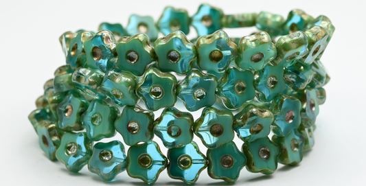 OUTLET 10 grams Table Cut Flower Beads With Dot, 11 x 11 mm, Turquoise Rembrandt Travertin (6313060020-43500), Glass, Czech Republic