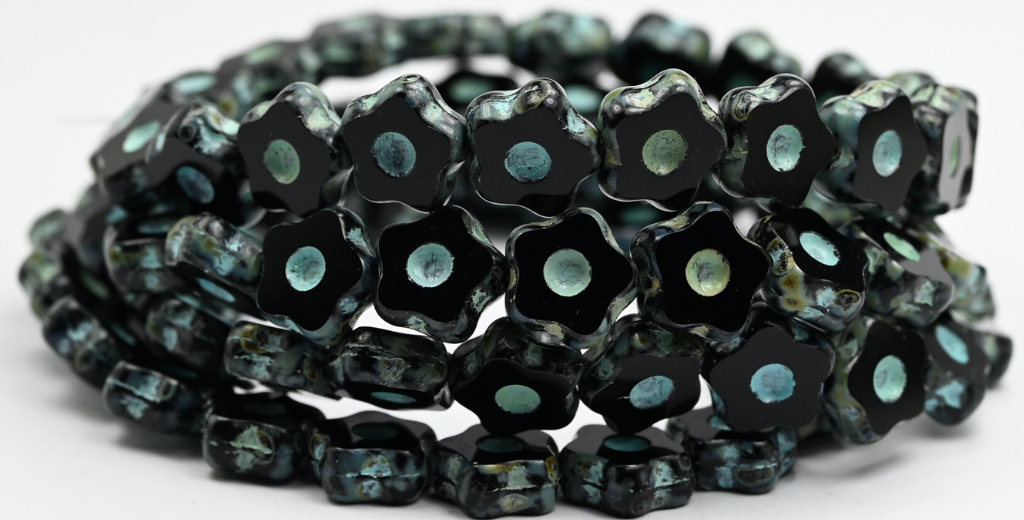 Table Cut Flower Beads With Dot, Black Travertin Light Blue Lined (23980-86-54308), Glass, Czech Republic ~ STRANDED