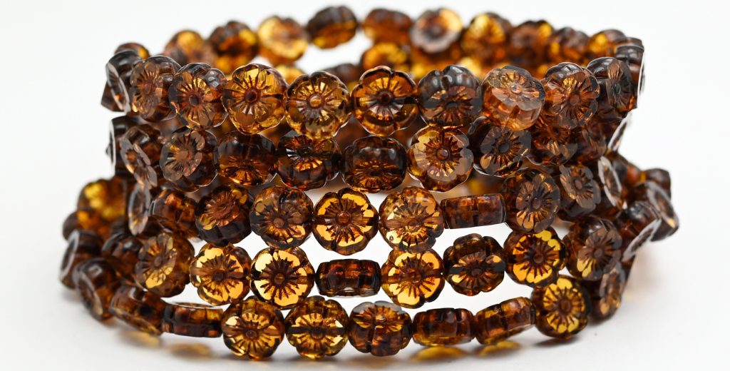 Table Cut Round Beads Hawaii Flowers, Transparent Brown Travertin (1009002-86800), Glass, Czech Republic ~ STRANDED