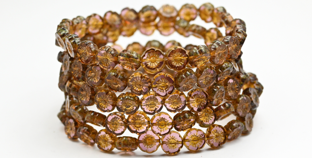 Table Cut Round Beads Hawaii Flowers, Transparent Light Amethyst Travertin (2002004-86800), Glass, Czech Republic ~ STRANDED