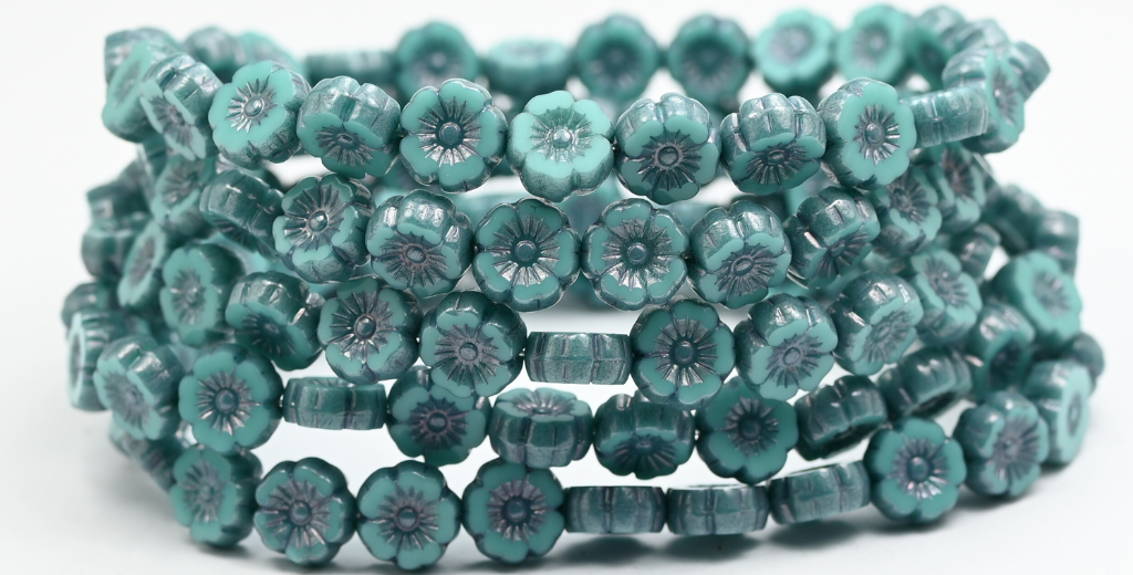 テーブルカットラウンドビーズ ハワイアンフラワー ターコイズラスターブルー フルコーティング (63120 14464) ガラス チェコ共和国