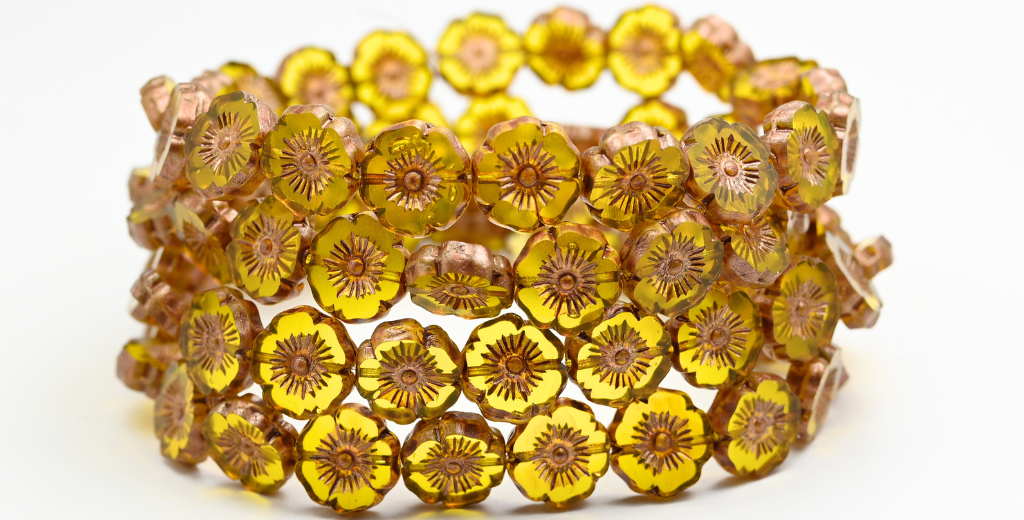 Table Cut Round Beads Hawaii Flowers, Transparent Yellow Copper Splash (80010-86750), Glass, Czech Republic ~ STRANDED