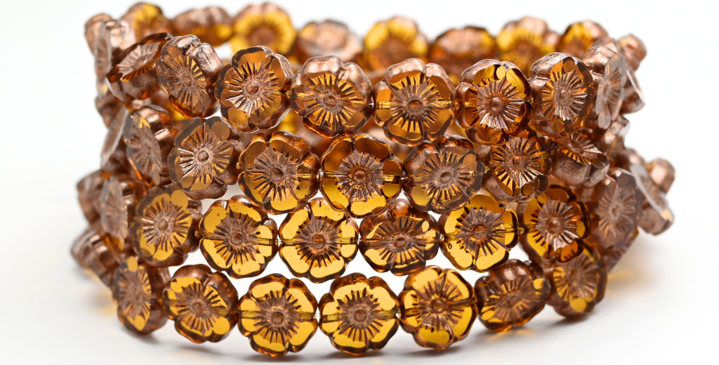 Table Cut Round Beads Hawaii Flowers, Transparent Orange Copper Splash (10040-86750), Glass, Czech Republic ~ STRANDED