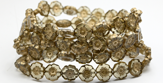 Table Cut Round Beads Hawaii Flowers, Gray Gold Splash (40010-86710), Glass, Czech Republic ~ STRANDED