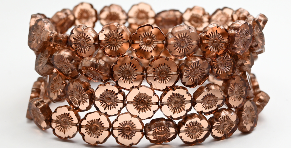 Table Cut Round Beads Hawaii Flowers, Transparent Light Amethyst Copper Splash (20020-86750), Glass, Czech Republic ~ STRANDED