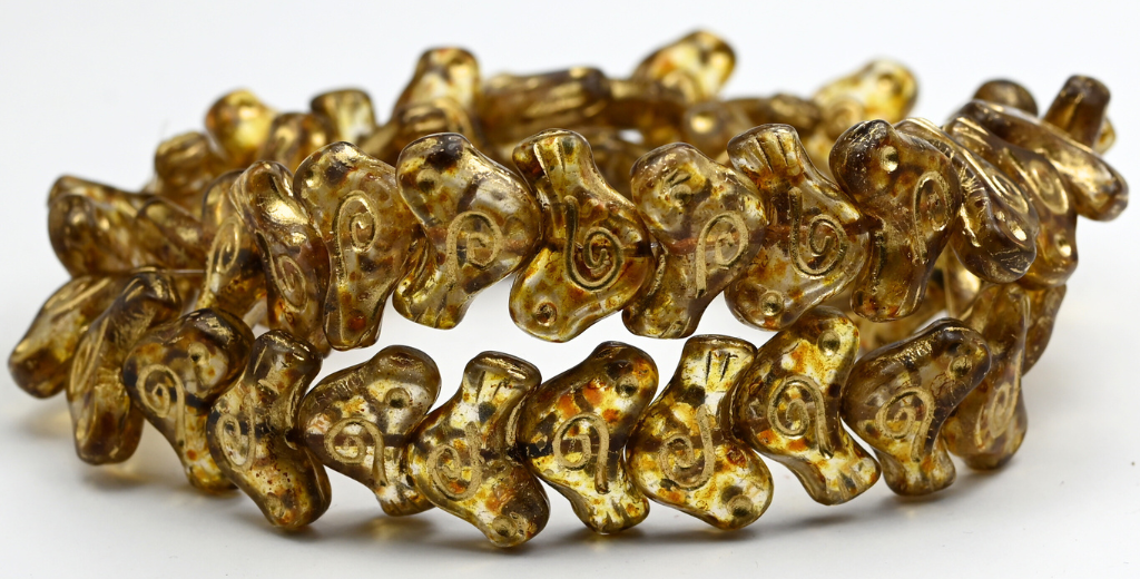 Folklore Bird Pressed Beads, Crystal Travertin Gold Lined (1612-00030-86-54202), Glass, Czech Republic ~ STRANDED
